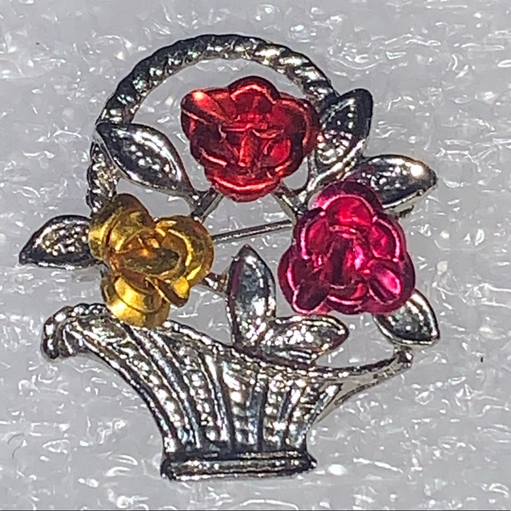 Red, Pink, & Gold Roses in Silver Tone Basket Brooch/Pin - Picture 4 of 16